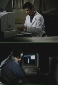 A Commodore Amiga 1000 computer with an 2002 monitor in the movie Not Quite Human.