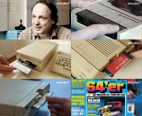 A Commodore C64 and Amiga 500 computer, 1541c and 1571 disk drive, Datassette, Competition Pro joystick and the 64er magazine in the TV program Reload.