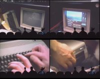 A Commodore C64 computer, 1084 monitor and 1541 disk drive in the movie Time Chasers (Tangents).