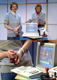 A Commodore C64c computer, 1084 monitor, 1541c disk drive and a Competition Pro joystick in the TV program ZDF Ferienprogramm.